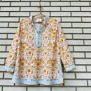 NicoBlu Capri Tunic Blush Pink Gold French Regency Ribbon Print Cotton XL Boho